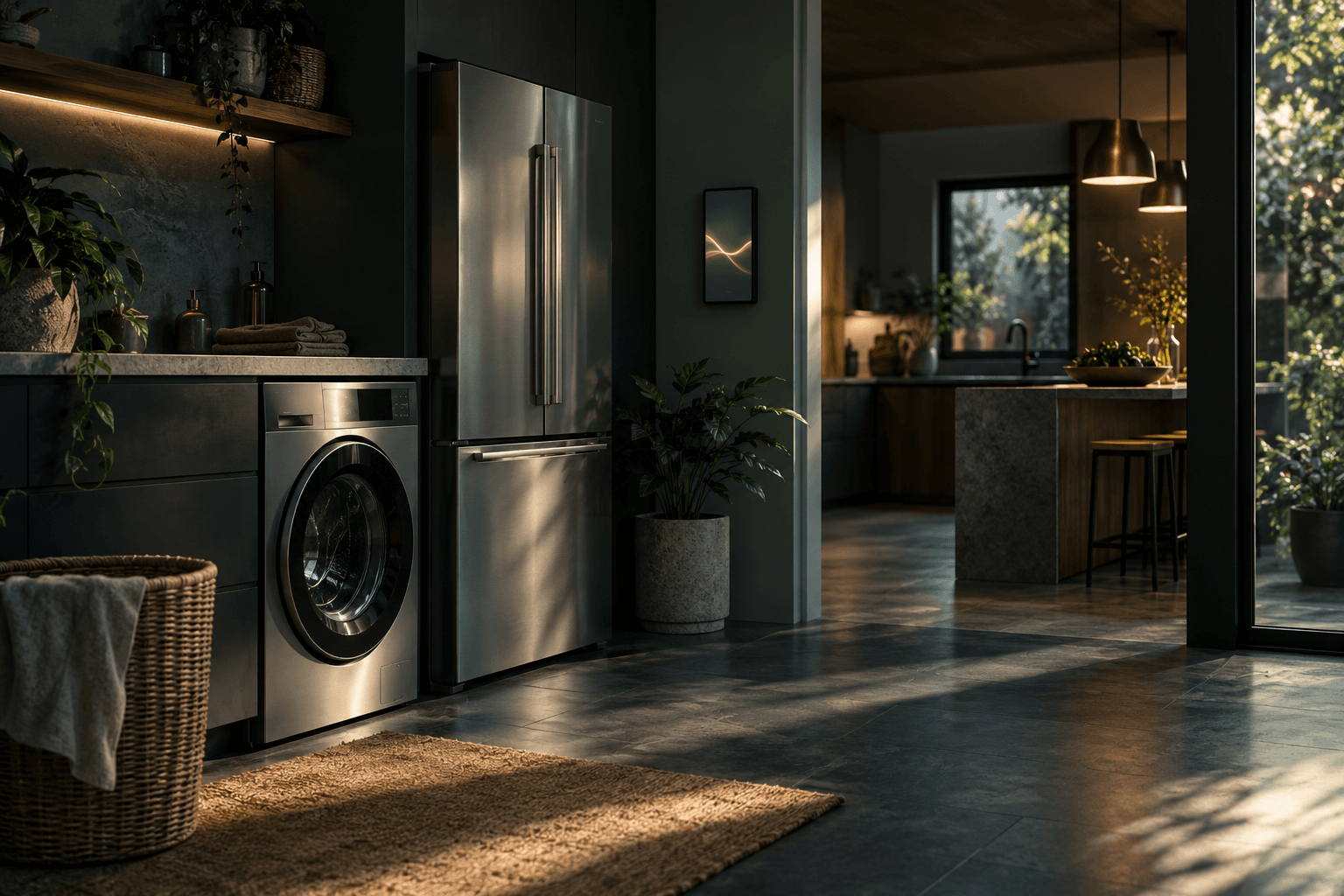 Refrigerator and washing machine in a modern home utility room with a subtle energy display