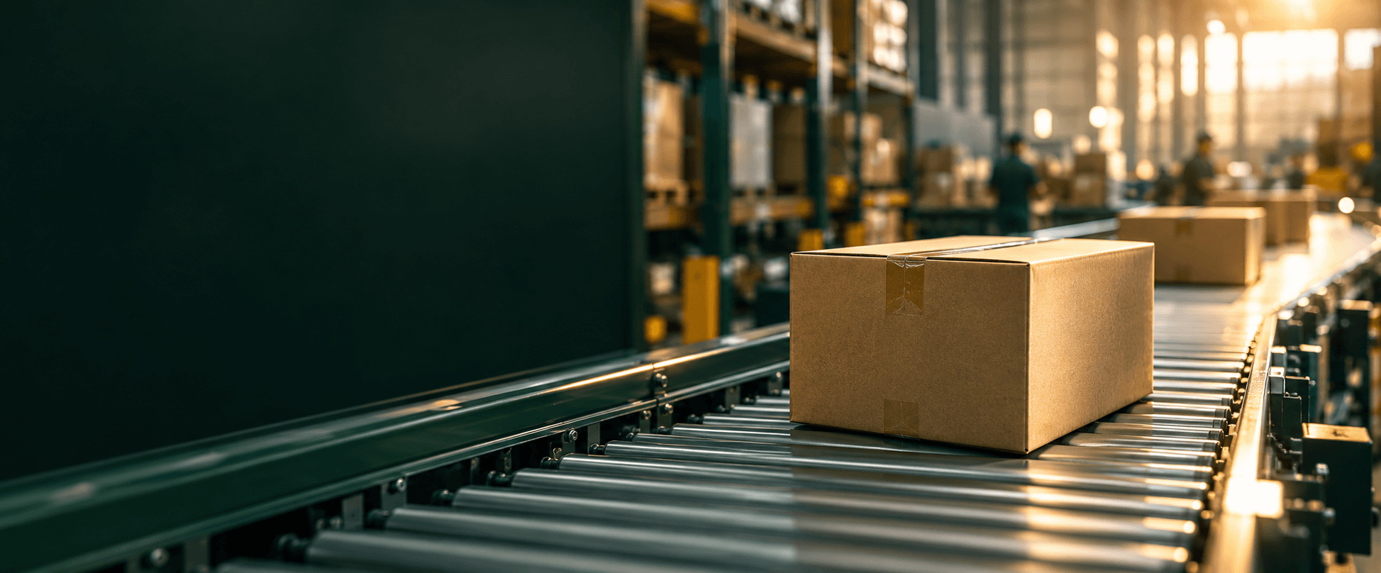 A parcel moving through a bright e-commerce fulfillment centre.