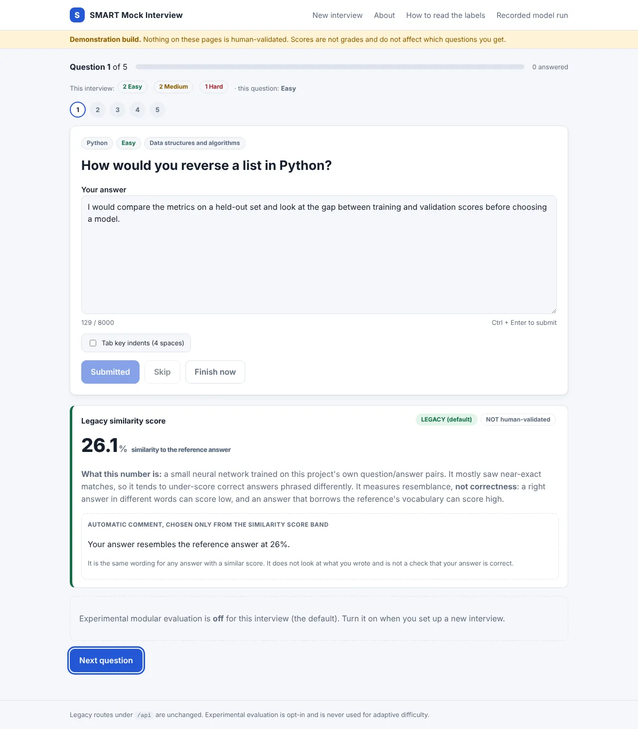 Actual Smart Mock Interview prose answer feedback screen.