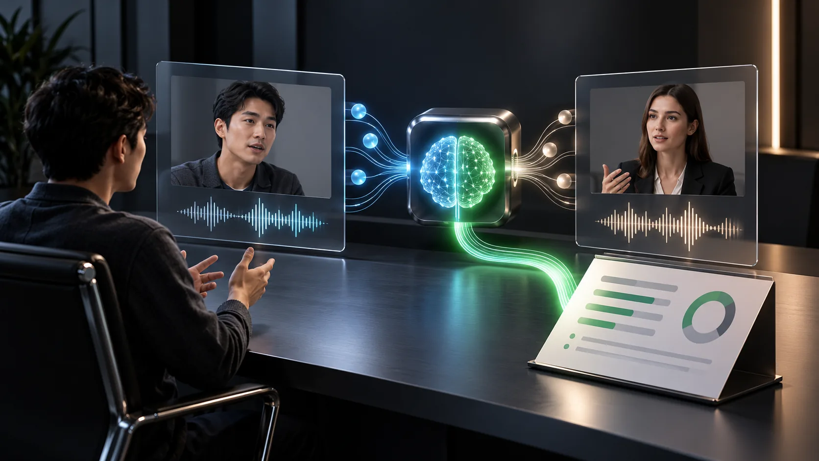 Illustrative visualization of a candidate response and interviewer prompt connected through a semantic comparison core.