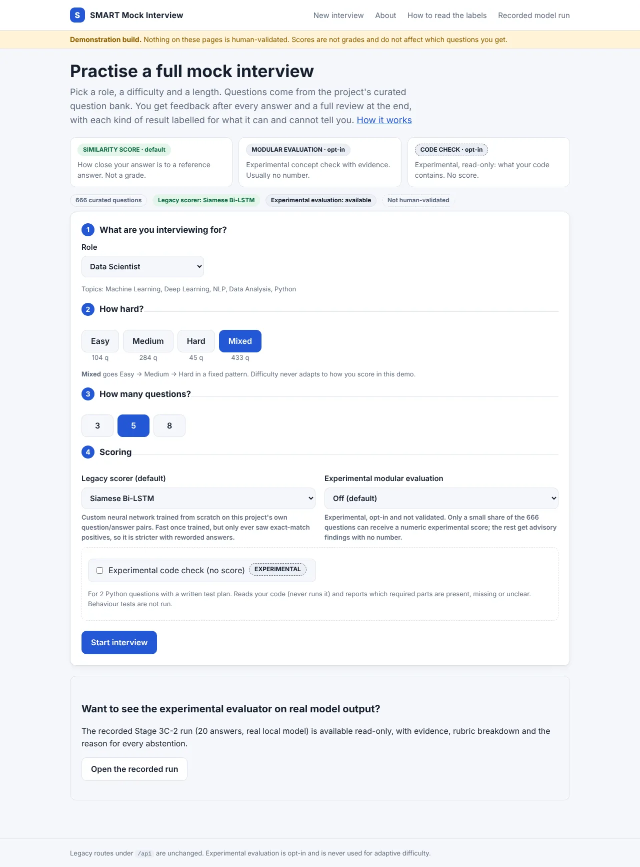 Actual Smart Mock Interview setup screen with role, difficulty, and scorer controls.