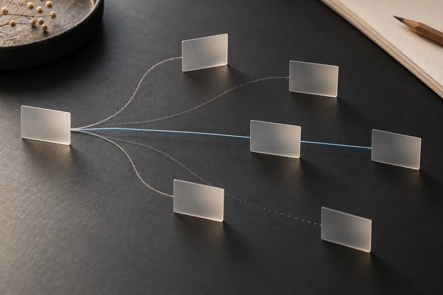 Blank translucent cards connected by several paths, with one pale blue linear path highlighted; editorial metaphor for comparing model families.