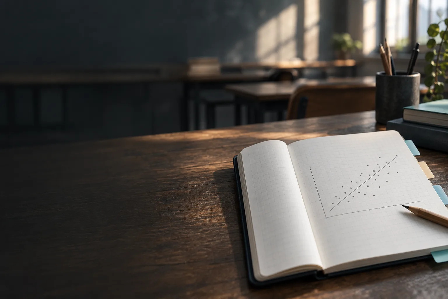 An open notebook with a hand-drawn scatterplot in a quiet classroom.