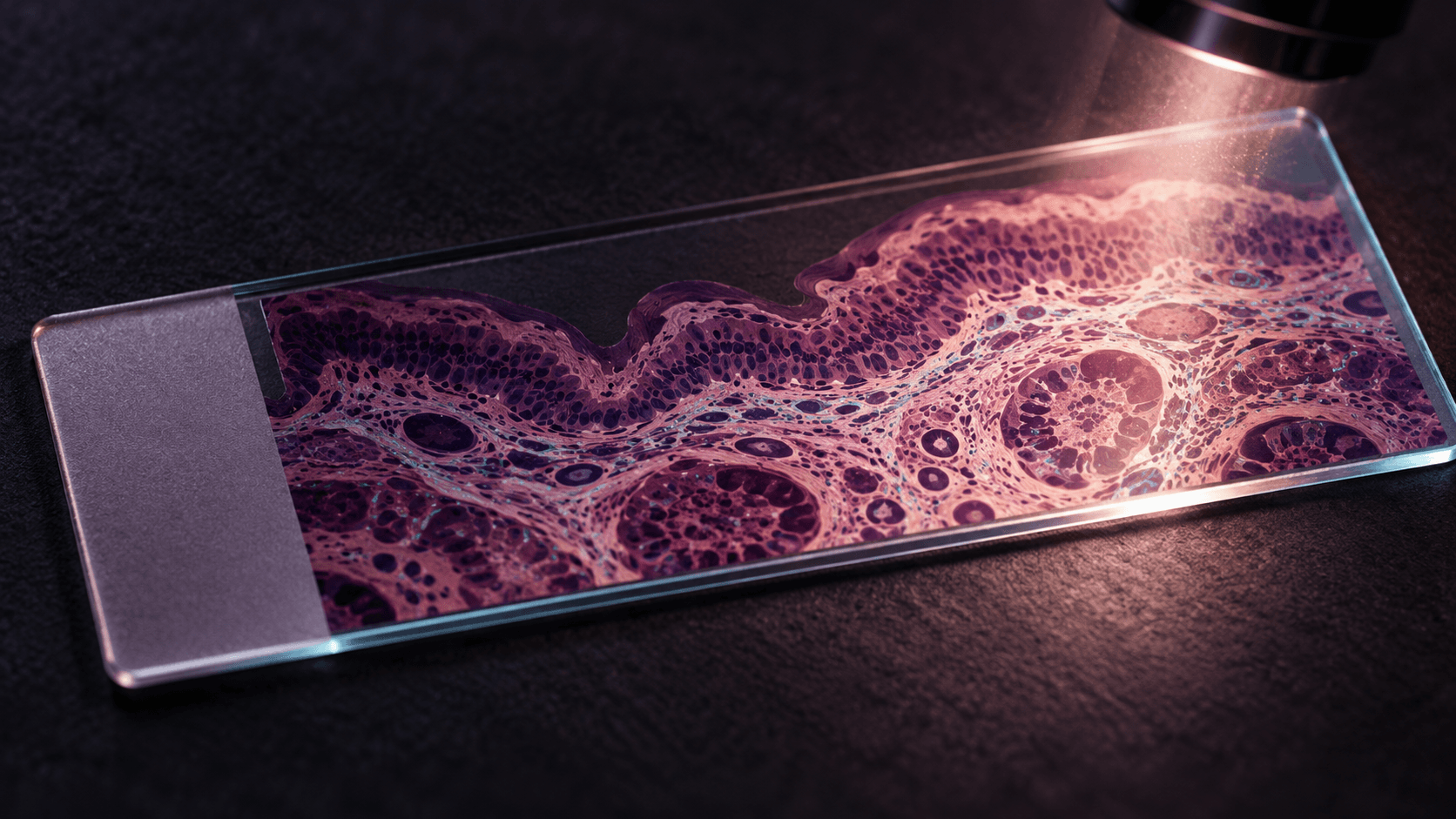Conceptual microscope slide artwork in rose and violet tones