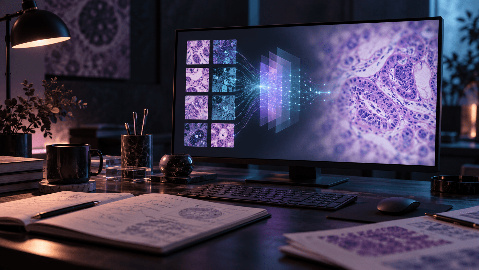 Conceptual research desk showing a deep-learning image workflow